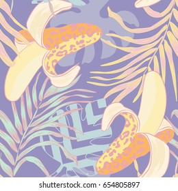 
Daring, wild, evocative, bright, memorable, fashionable, trendy, vector pattern seamless with leopard bananas and pineapples and other tropical plants.