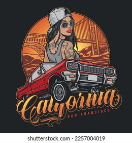 Daring woman lowrider colorful flyer with cool California car and tattooed woman near golden gate bridge vector illustration svg