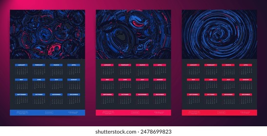 Dark 2025 Calendar with Neon Abstract Design. Modern and Futuristic Annual Planner.