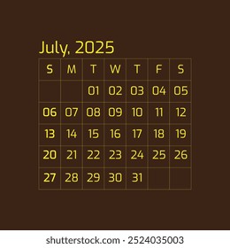 Dark 2025 July Year all months calendar Single Page corporate wall 2025 12 months calendar template Vector Graphic Design