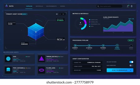 Dark 3D asset catalog dashboard interface with cube preview, materials metrics, render request chart, processing pipeline and asset cards