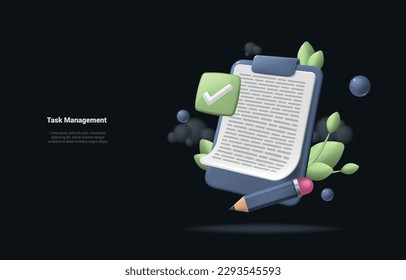 Dark 3d clipboard task management todo check list, efficient work on project plan, fast summary, assignment and exam, productivity solution 3d icon. 3d vector render on paper black background