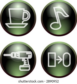 Dark 3d glass buttons coffee and music