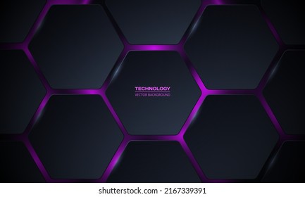 Dark 3d hexagonal technology vector abstract background. Purple bright energy flashes under hexagon in modern technology futuristic background 3d vector illustration. Dark gray honeycomb texture grid.