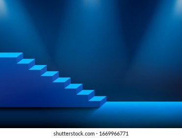 Dark 3D illustration. Blue flight of stairs illuminated with reflector lights. Copy space for the text.