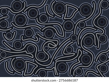 Dark Aboriginal Dot Art Pattern with Intricate Lines and Symbolic Shapes
