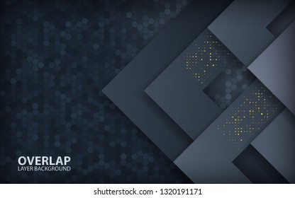 Dark abstract arrow angel background. Textured polygon with golden glitters overlap layers concept.