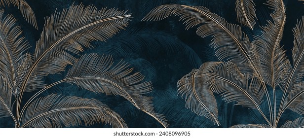 Fondo de arte abstracto oscuro con hojas de palma doradas dibujadas a mano en línea. Banner botánico para decoración, impresión, textil, papel pintado, embalaje, diseño interior, afiche.