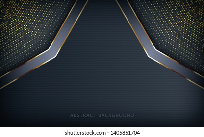 Dark abstract background with black arrow overlap layers. Texture with golden glitters dots element decoration.