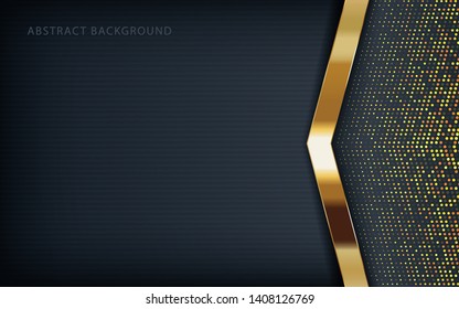 Dark abstract background with black arrow overlap layers. Texture with golden glitters dots element decoration.