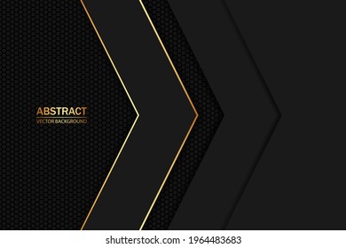 Dark abstract background with black carbon fiber. Black and gold arrow shapes on dark carbon mesh.