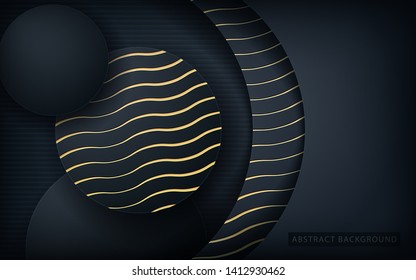 Dark abstract background with black circle overlap layers. Realistic texture golden element decoration.