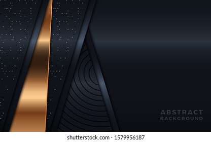 Dark abstract background with black metallic overlap layers. Texture with silver and golden glitters dots element decoration.