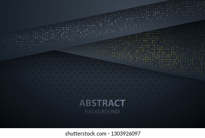 Dark abstract background with black overlap layers. Texture with silver and golden glitters dots element decoration.