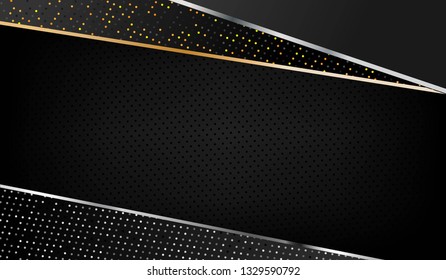 Dark abstract background with black overlap layers. Silver and golden glitters dots texture element decoration
