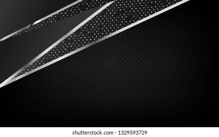 Dark abstract background with black overlap layers. Silver line and glitters dots texture element decoration