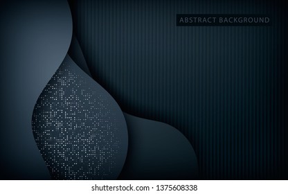 Dark abstract background with black overlap layers. Texture with silver glitters dots element decoration.