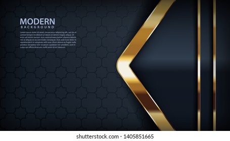 Dark abstract background with black overlap layers. Texture with golden effect element decoration. Luxury design concept.
