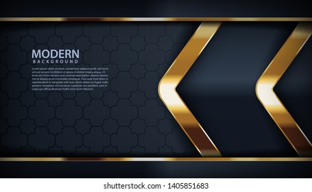 Dark abstract background with black overlap layers. Texture with golden effect element decoration. Luxury design concept.
