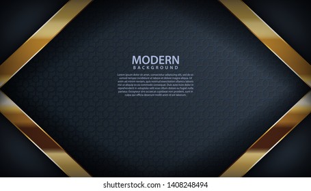 Dark abstract background with black overlap layers. Texture with golden effect element decoration. Luxury design concept.