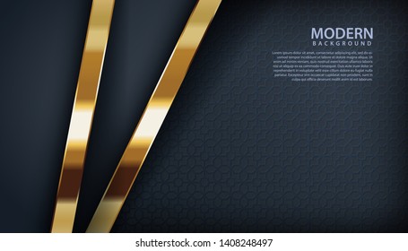 Dark abstract background with black overlap layers. Texture with golden effect element decoration. Luxury design concept.