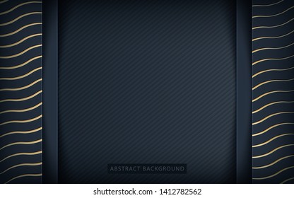 Dark abstract background with black overlap layers. Realistic texture golden element decoration.