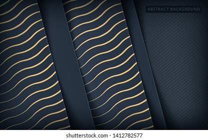 Dark abstract background with black overlap layers. Realistic texture golden element decoration.