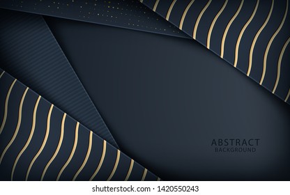 Dark abstract background with black overlap layers. Realistic golden texture and golden glitters dots element decoration.