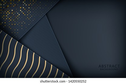 Dark abstract background with black overlap layers. Realistic golden texture and golden glitters dots element decoration.