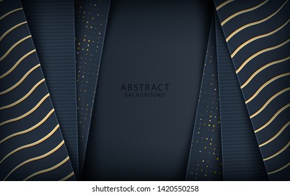 Dark abstract background with black overlap layers. Realistic golden texture and golden glitters dots element decoration.