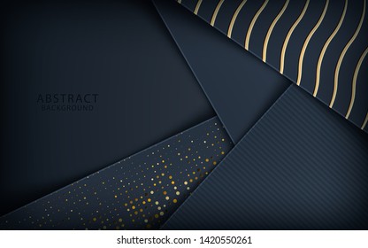 Dark abstract background with black overlap layers. Realistic golden texture and golden glitters dots element decoration.
