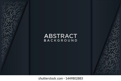 Dark abstract background with black overlap layers. Texture with silver glitters dots element decoration.