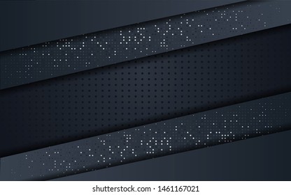 Dark abstract background with black overlap layers. Texture with silver glitters dots element decoration.