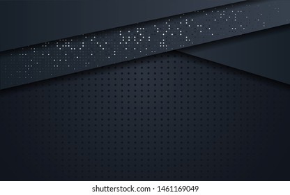 Dark abstract background with black overlap layers. Texture with silver glitters dots element decoration.