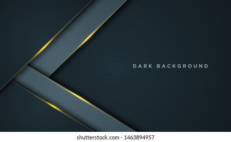 Dark abstract background with black overlap layers. Texture with golden effect element decoration. Luxury design concept.