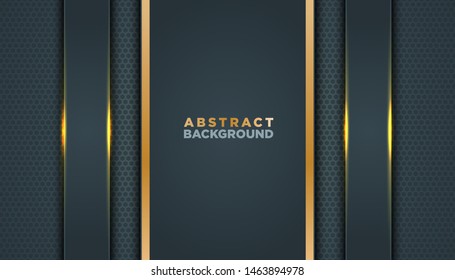 Dark abstract background with black overlap layers. Texture with golden effect element decoration. Luxury design concept.