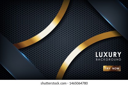 Dark abstract background with black overlap layers. Hexagon texture with golden effect element decoration. Luxury design concept.
