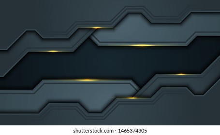 Dark abstract background with black overlap layers. Texture with golden effect element decoration. Luxury design concept.