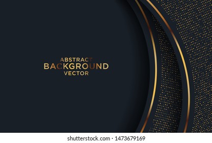 Dark abstract background black overlap layers. Golden list and golden glitters dots element on hexagon textured background.