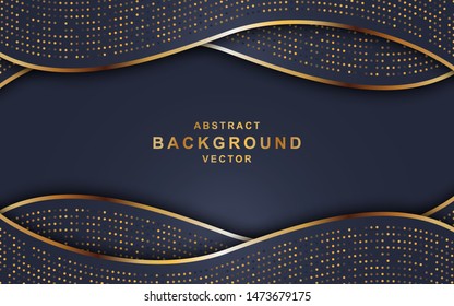 Dark abstract background black overlap layers. Golden list and golden glitters dots element on hexagon textured background.
