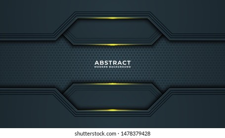 Dark abstract background with black overlap layers. Texture with golden effect element decoration. Luxury design concept.