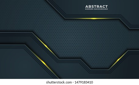 Dark abstract background with black overlap layers. Texture with golden effect element decoration. Luxury design concept.