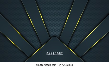 Dark abstract background with black overlap layers. Texture with golden effect element decoration. Luxury design concept.