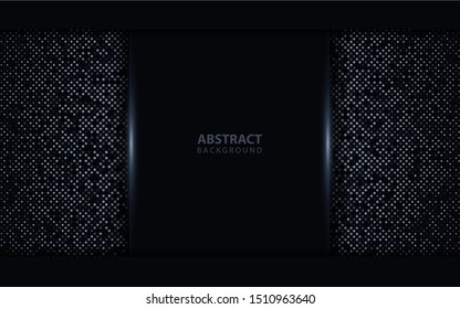 Dark abstract background with black overlap layers. Texture with silver glitters dots element decoration. Luxury and modern vector design template for use element cover, banner, advertising, card