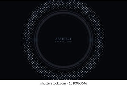 Dark abstract background with black overlap layers. Texture with silver glitters dots element decoration. Luxury and modern vector design template for use element cover, banner, advertising, card