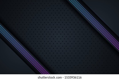 Dark abstract background with black overlap layers. Texture with gradient line element decoration.