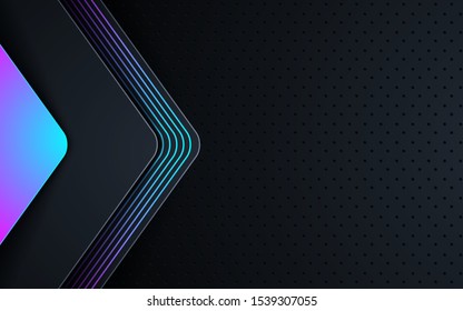 Dark abstract background with black overlap layers. Texture with blue and pink gradient line decoration.