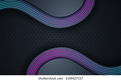 Dark abstract background with black overlap layers. Texture with gradient line element decoration.