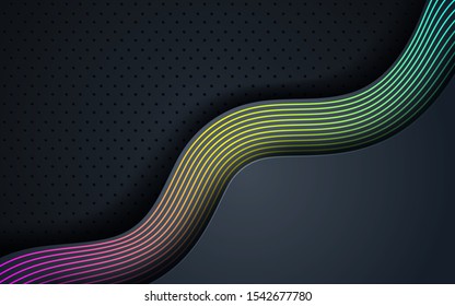Dark abstract background with black overlap layers. Texture with gradient line element decoration.