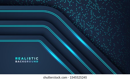 Dark abstract background with black overlap layers. Texture with blue glitters dots element decoration.